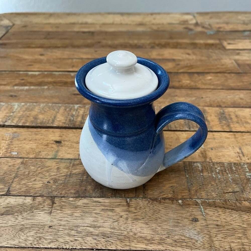Hand Thrown Stoneware Blue & Bisque Ceramic Creamer with lid Signed 5.5" tall